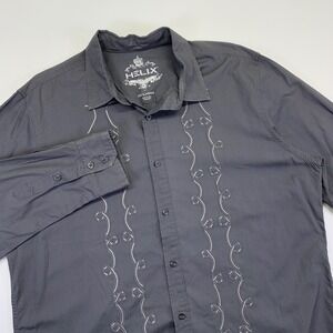 Helix Mens XXL Gray Long Sleeve Button Up Shirt Embroidered Casual Goth Grunge